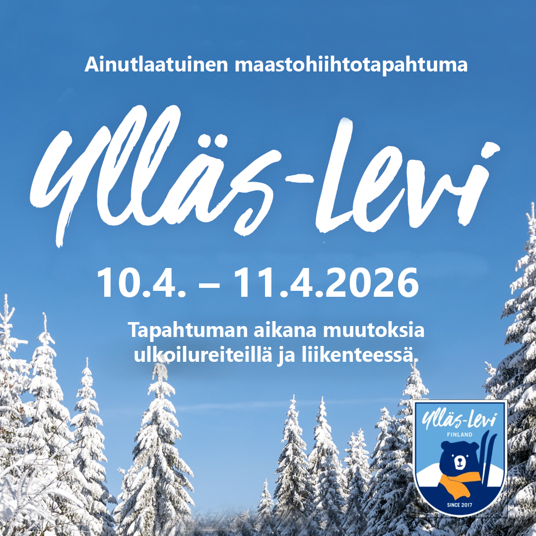 Talvinen maisema, jossa lumiset kuuset kohoavat kirkasta sinistä taivasta vasten. Kuvan keskellä on teksti: “Ainutlaatuinen maastohiihtotapahtuma Ylläs–Levi, 10.4.–11.4.2026”. Alareunassa näkyy tapahtuman sinisävyinen logo, jossa on karhahahmo, suksia ja teksti “Ylläs-Levi Finland, Since 2017”.